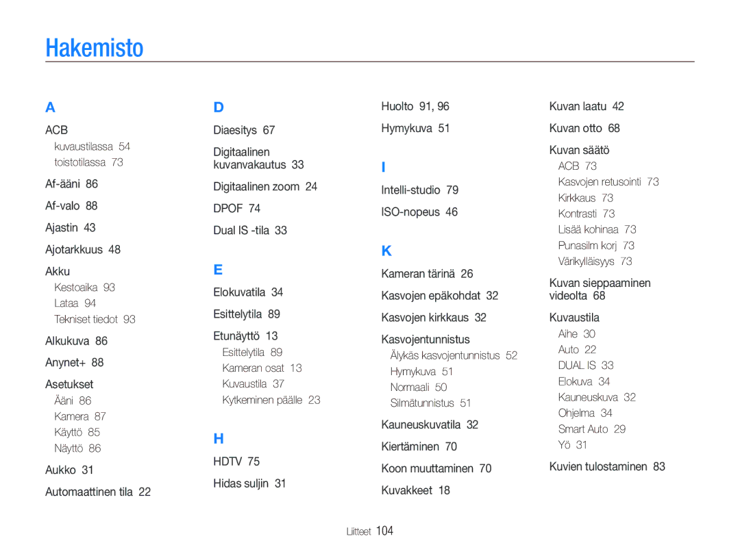 Samsung EC-PL150ZBPLE2, EC-PL150ZBPRE2, EC-PL150ZBPVE2 manual Hakemisto 