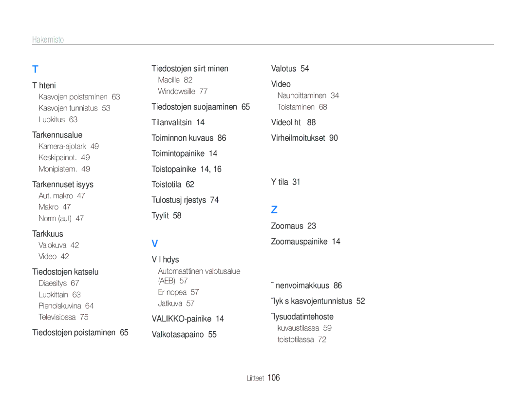 Samsung EC-PL150ZBPVE2 manual Kasvojen poistaminen 63 Kasvojen tunnistus 53 Luokitus, Kamera-ajotark Keskipainot Monipistem 