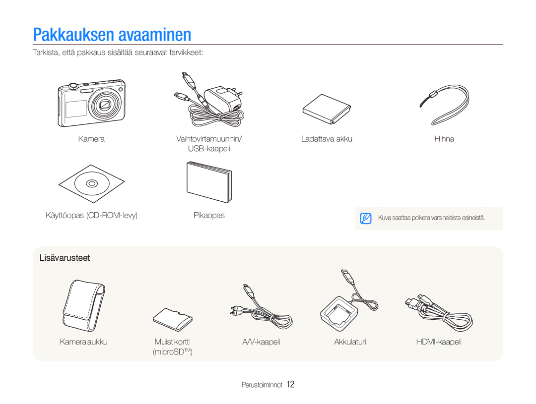 Samsung EC-PL150ZBPRE2, EC-PL150ZBPLE2, EC-PL150ZBPVE2 manual Pakkauksen avaaminen, Lisävarusteet 