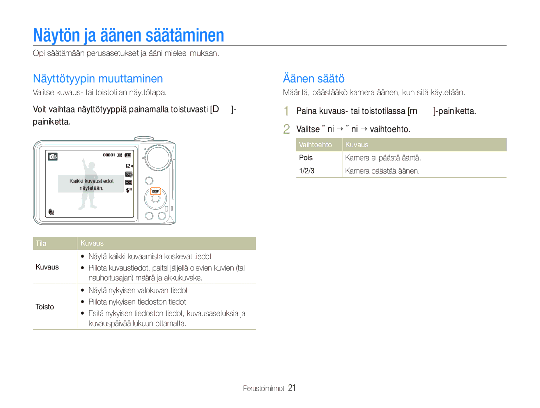 Samsung EC-PL150ZBPRE2 Näytön ja äänen säätäminen, Näyttötyypin muuttaminen, Äänen säätö, Tila Kuvaus, Vaihtoehto Kuvaus 