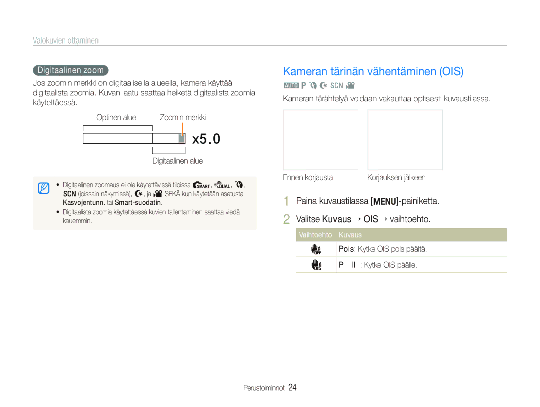 Samsung EC-PL150ZBPRE2 manual Kameran tärinän vähentäminen OIS, Paina kuvaustilassa m-painiketta, Digitaalinen zoom 