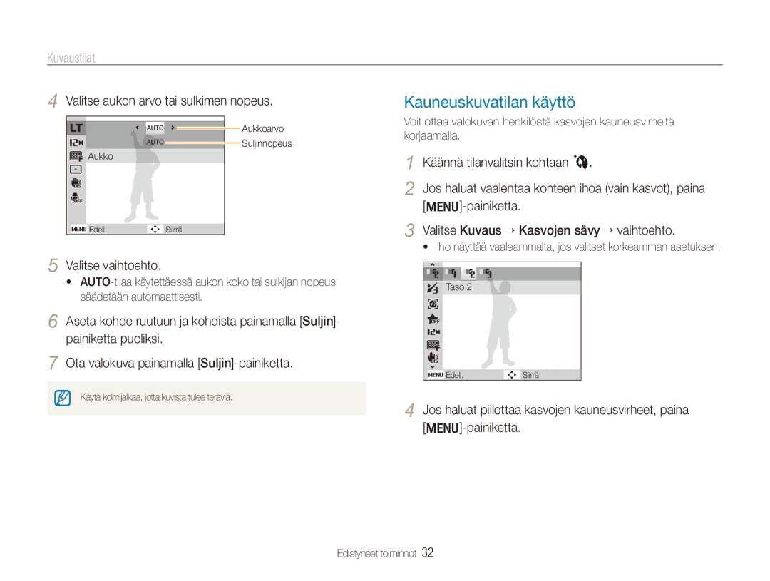 Samsung EC-PL150ZBPLE2, EC-PL150ZBPRE2 Kauneuskuvatilan käyttö, Valitse aukon arvo tai sulkimen nopeus, Valitse vaihtoehto 