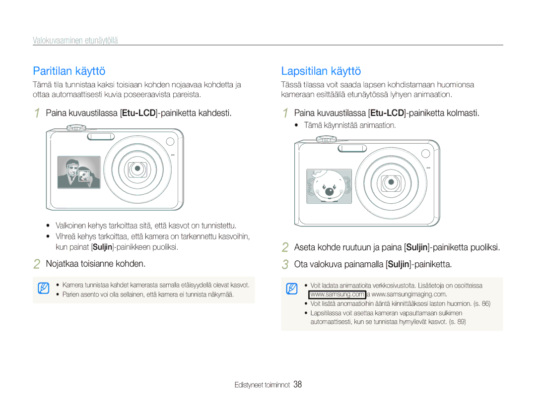 Samsung EC-PL150ZBPLE2, EC-PL150ZBPRE2, EC-PL150ZBPVE2 manual Paritilan käyttö, Lapsitilan käyttö, Valokuvaaminen etunäytöllä 