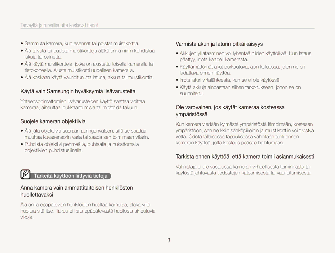 Samsung EC-PL150ZBPRE2, EC-PL150ZBPLE2, EC-PL150ZBPVE2 manual Terveyttä﻿ ja turvallisuutta koskevat tiedot 