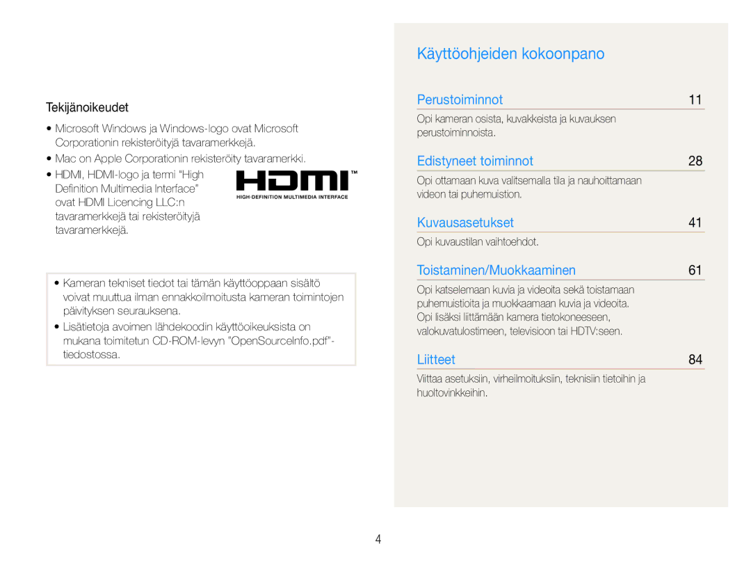 Samsung EC-PL150ZBPVE2 Käyttöohjeiden kokoonpano, Tekijänoikeudet, Videon tai puhemuistion, Opi kuvaustilan vaihtoehdot 