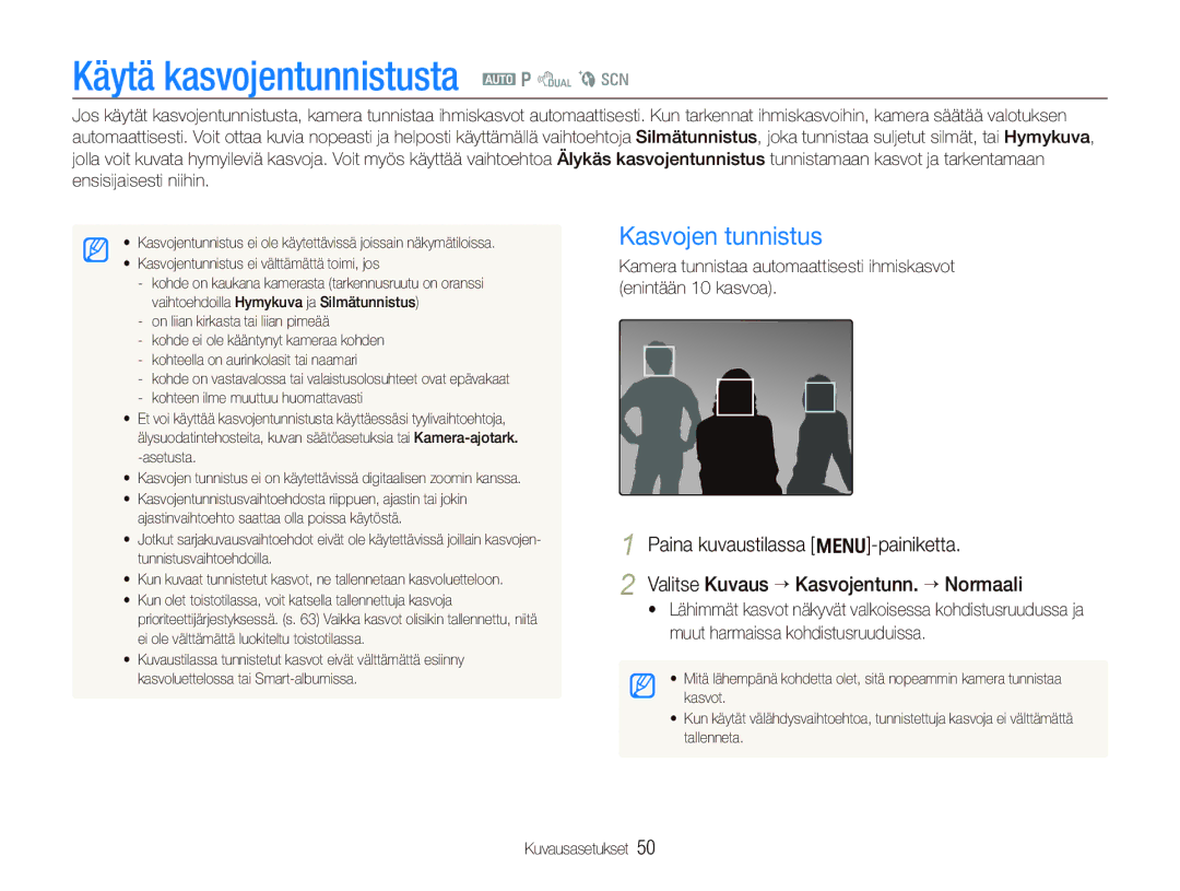 Samsung EC-PL150ZBPLE2, EC-PL150ZBPRE2, EC-PL150ZBPVE2 manual Käytä kasvojentunnistusta a p d b s, Kasvojen tunnistus 
