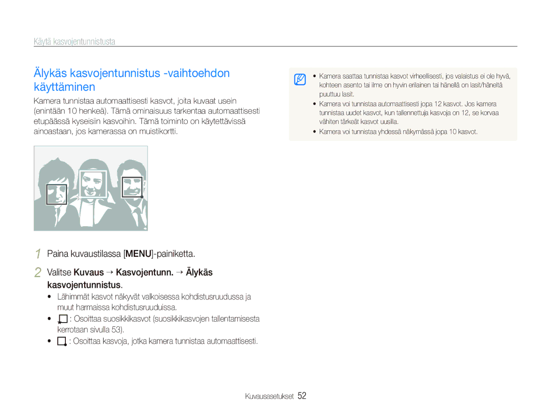Samsung EC-PL150ZBPVE2, EC-PL150ZBPLE2, EC-PL150ZBPRE2 manual Älykäs kasvojentunnistus -vaihtoehdon käyttäminen 