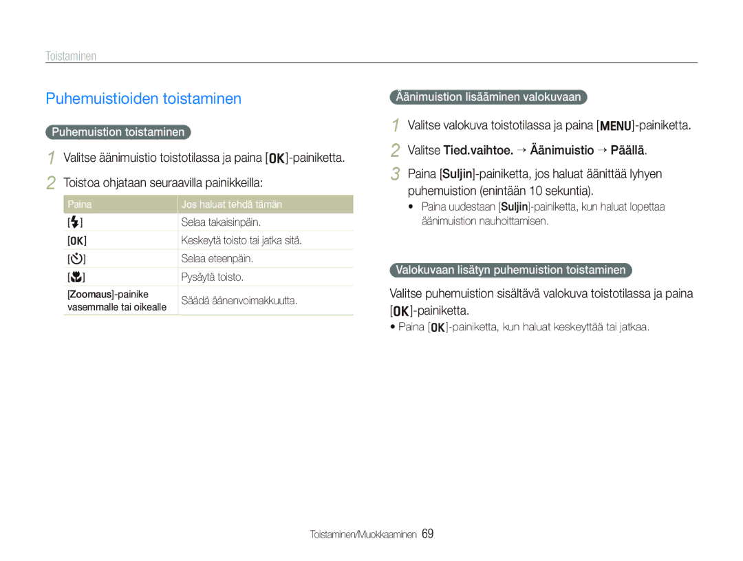 Samsung EC-PL150ZBPRE2 manual Puhemuistioiden toistaminen, Puhemuistion toistaminen, Äänimuistion lisääminen valokuvaan 