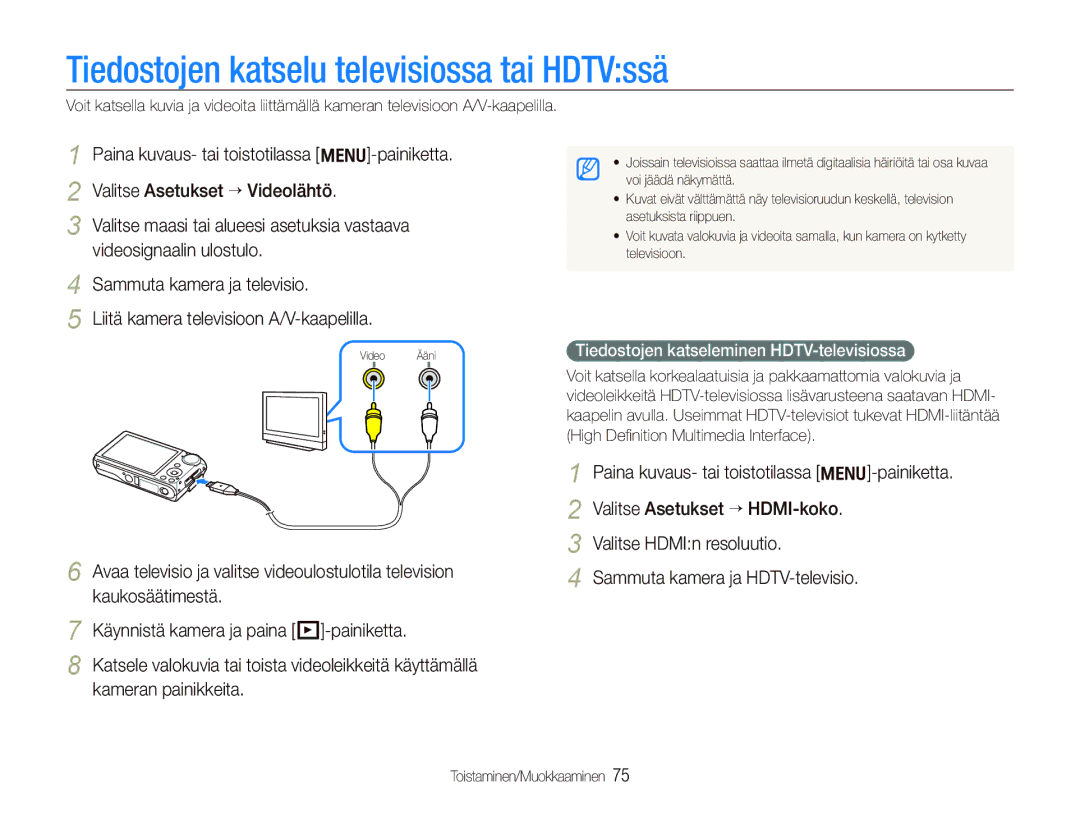 Samsung EC-PL150ZBPRE2 manual Tiedostojen katselu televisiossa tai HDTVssä, Tiedostojen katseleminen HDTV-televisiossa 