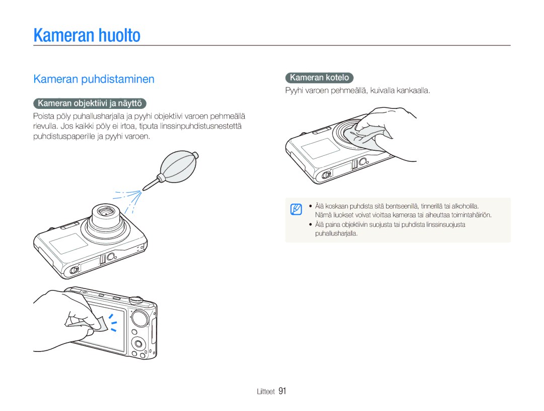 Samsung EC-PL150ZBPVE2, EC-PL150ZBPLE2 Kameran huolto, Kameran puhdistaminen, Kameran objektiivi ja näyttö, Kameran kotelo 