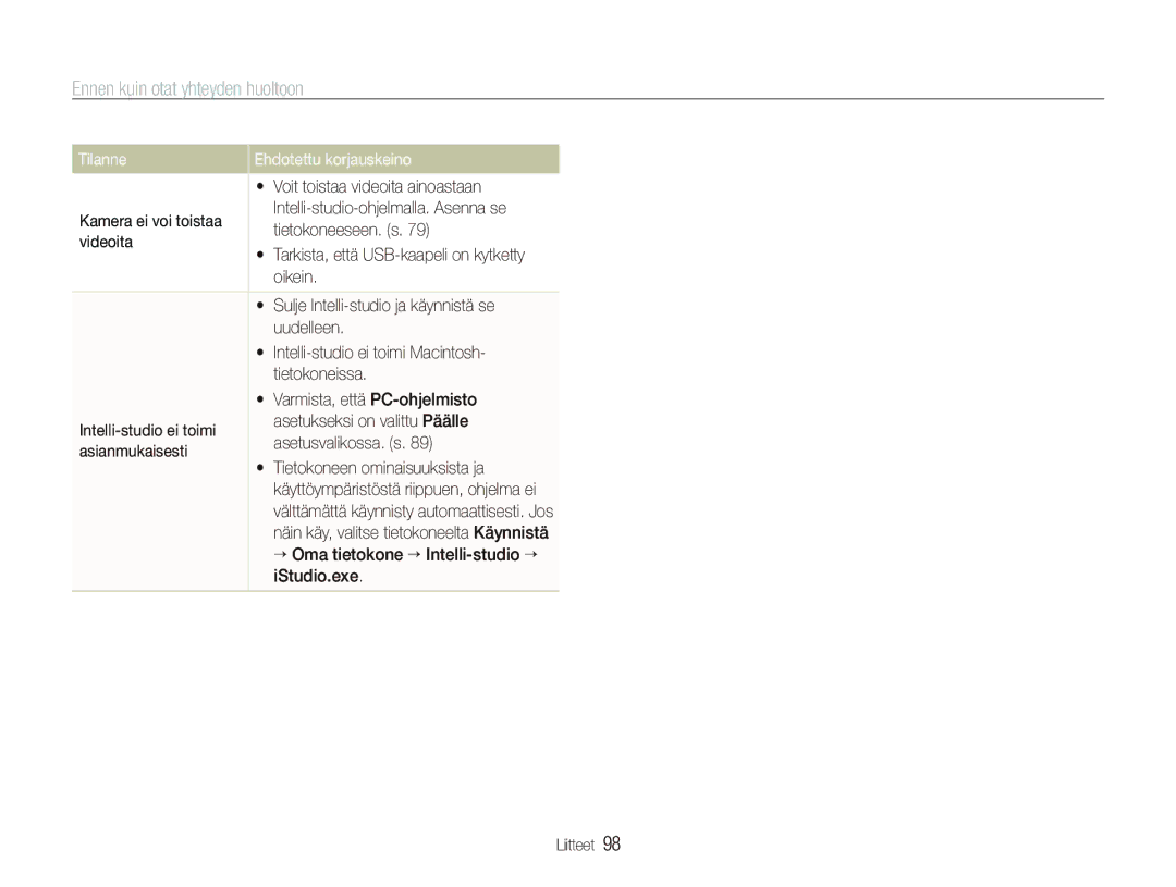 Samsung EC-PL150ZBPLE2 manual  Voit toistaa videoita ainoastaan, Intelli-studio-ohjelmalla. Asenna se, Tietokoneeseen. s 