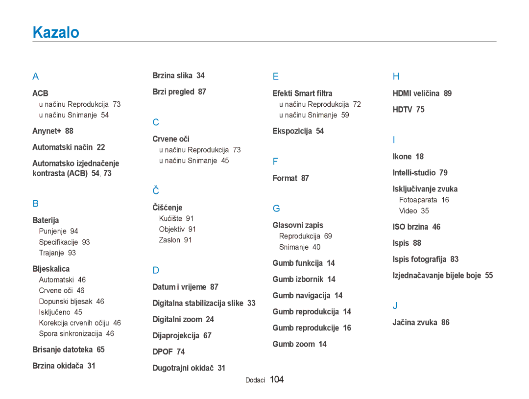 Samsung EC-PL150ZBPPE3 manual Kazalo, Punjenje Specifikacije Trajanje, Kućište Objektiv Zaslon, Reprodukcija Snimanje 