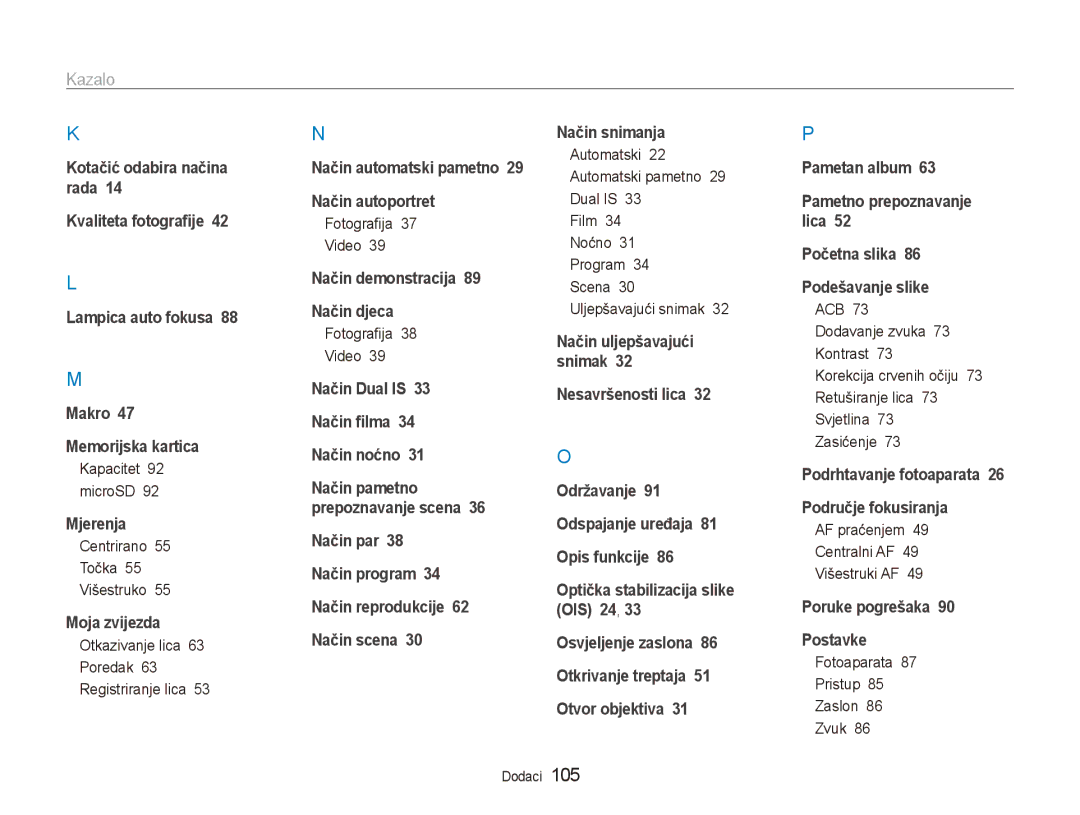 Samsung EC-PL150ZBPUE3, EC-PL150ZBPRE3, EC-PL150ZBPPE3, EC-PL150ZBPLE3 manual Kazalo 