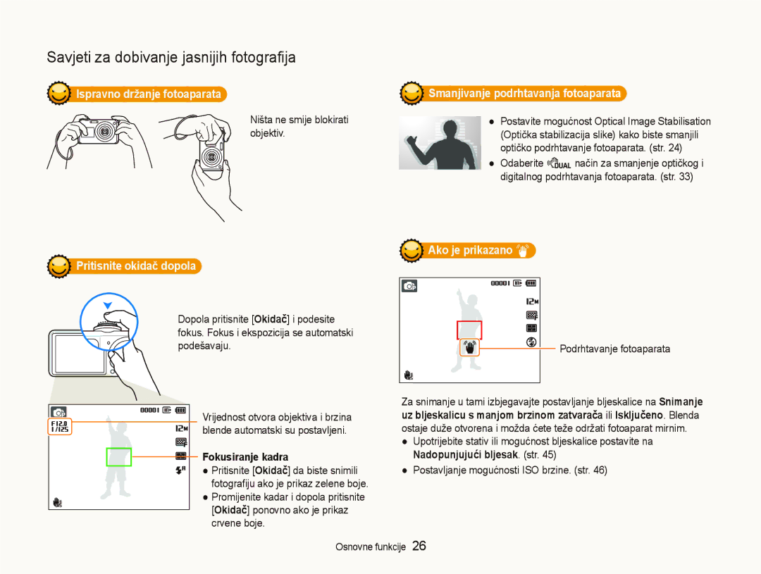 Samsung EC-PL150ZBPLE3 manual Ispravno držanje fotoaparata, Smanjivanje podrhtavanja fotoaparata, Pritisnite okidač dopola 