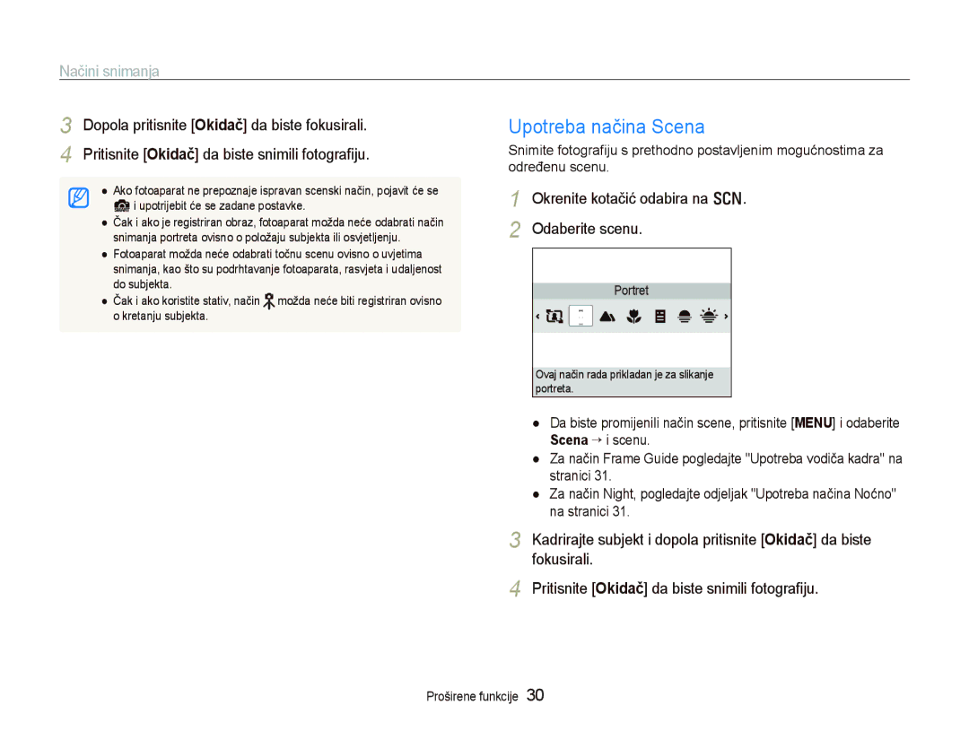 Samsung EC-PL150ZBPLE3 manual Upotreba načina Scena, Načini snimanja, Okrenite kotačić odabira na s Odaberite scenu 