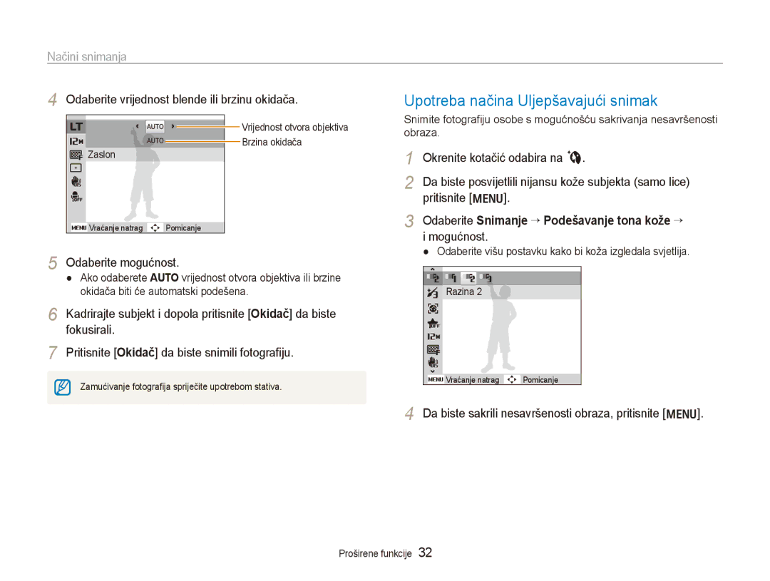 Samsung EC-PL150ZBPPE3, EC-PL150ZBPRE3, EC-PL150ZBPUE3, EC-PL150ZBPLE3 manual Upotreba načina Uljepšavajući snimak 