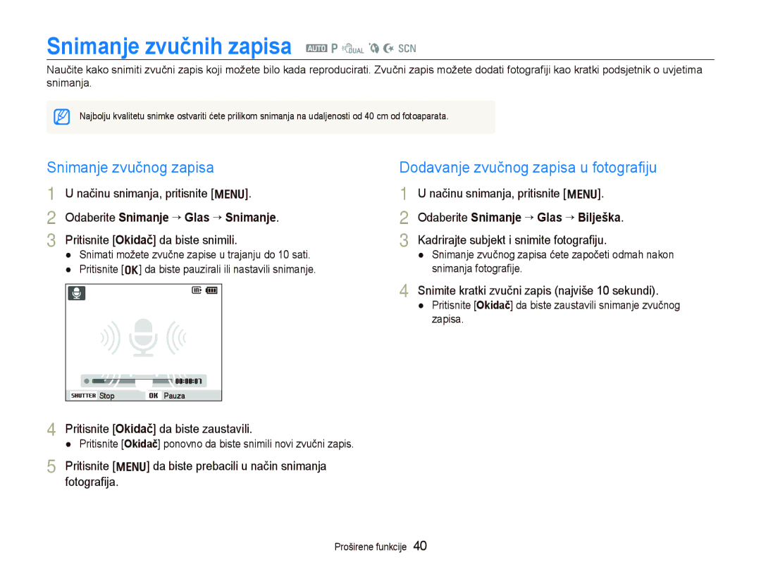 Samsung EC-PL150ZBPPE3 Snimanje zvučnih zapisa a p d b N s, Snimanje zvučnog zapisa, Dodavanje zvučnog zapisa u fotograﬁju 