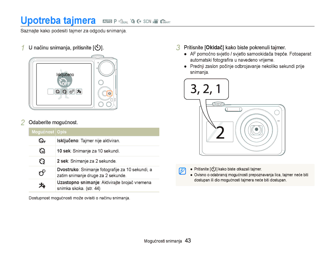 Samsung EC-PL150ZBPRE3, EC-PL150ZBPPE3, EC-PL150ZBPUE3 manual Upotreba tajmera a p d b N s v S, Načinu snimanja, pritisnite t 