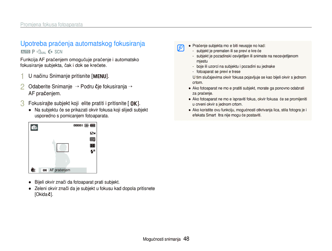 Samsung EC-PL150ZBPPE3, EC-PL150ZBPRE3 manual Upotreba praćenja automatskog fokusiranja, Promjena fokusa fotoaparata 