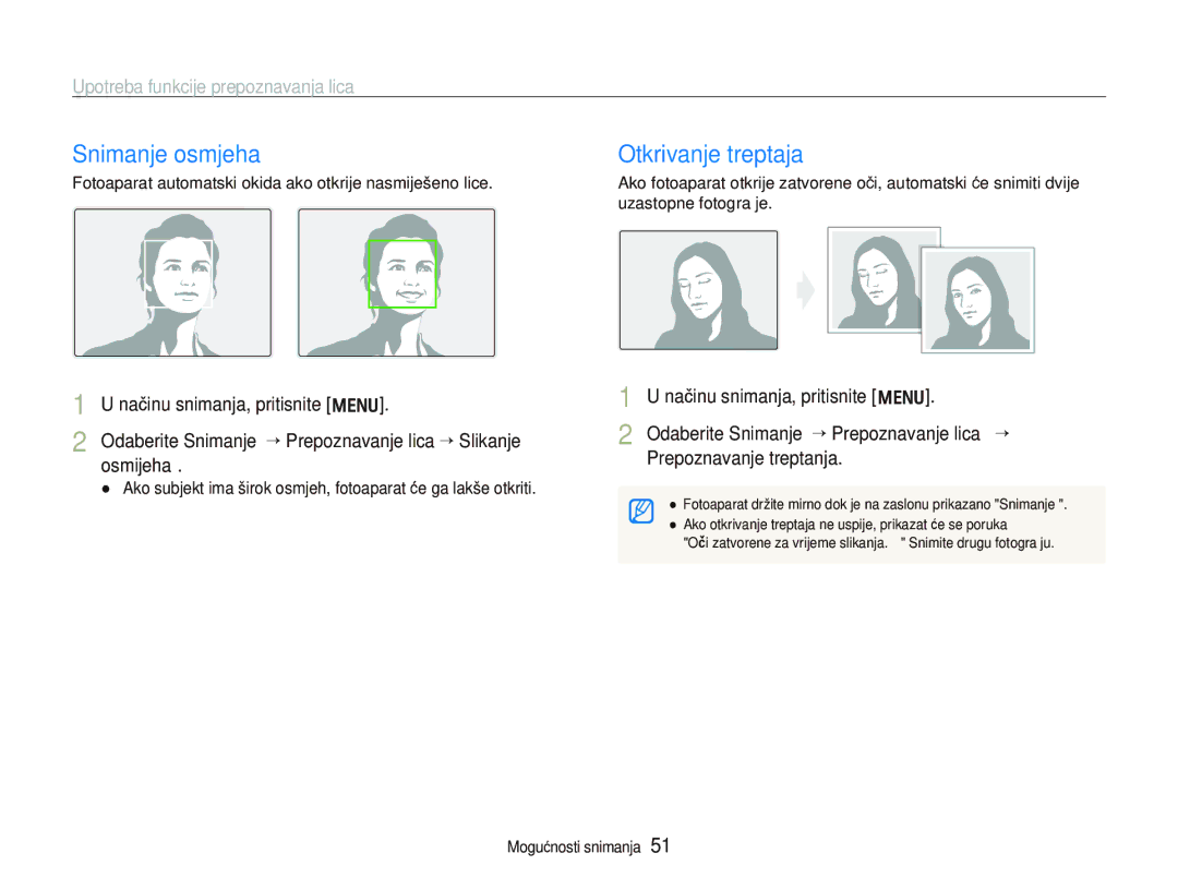 Samsung EC-PL150ZBPRE3, EC-PL150ZBPPE3 manual Snimanje osmjeha, Otkrivanje treptaja, Upotreba funkcije prepoznavanja lica 