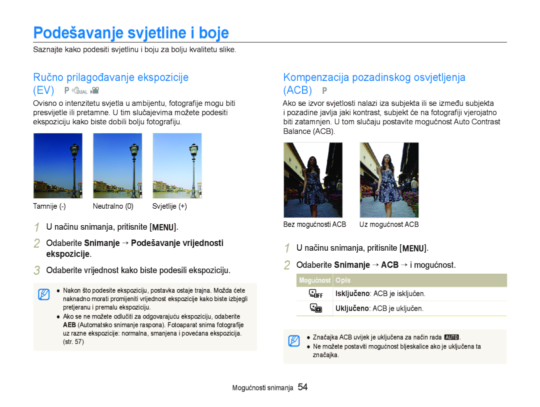 Samsung EC-PL150ZBPLE3, EC-PL150ZBPRE3 manual Podešavanje svjetline i boje, Ručno prilagođavanje ekspozicije EV p d 