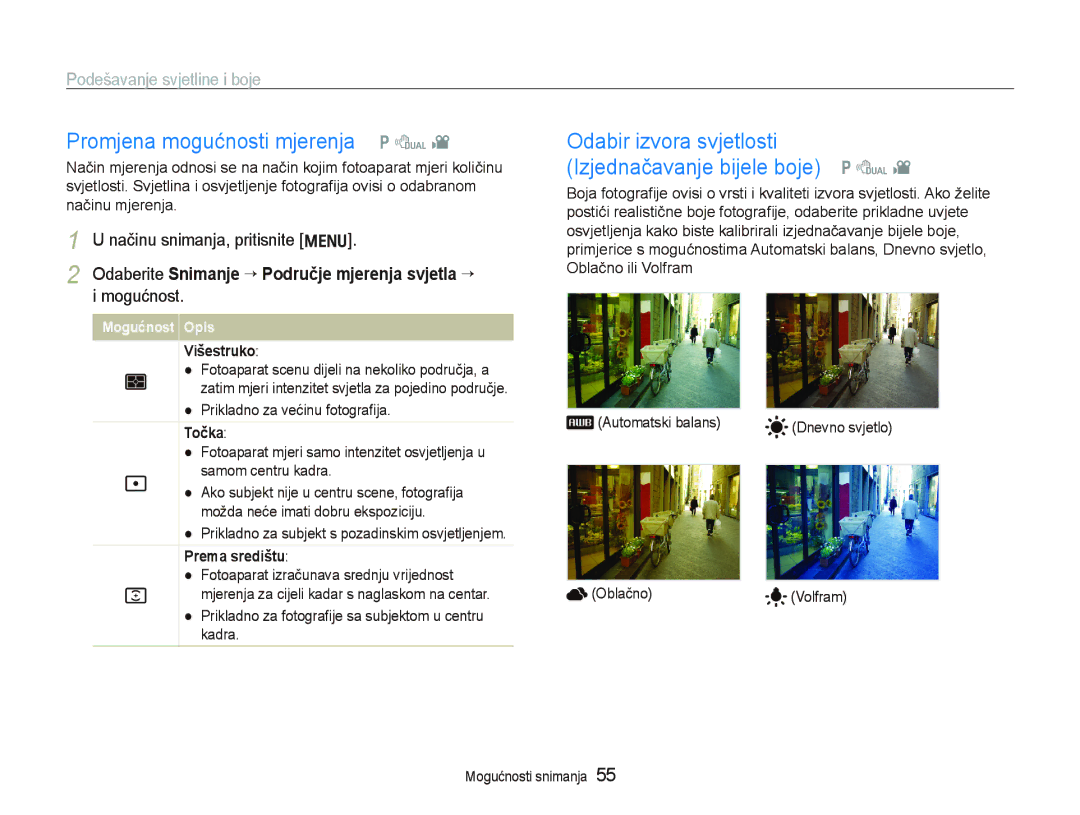 Samsung EC-PL150ZBPRE3 manual Promjena mogućnosti mjerenja p d, Odabir izvora svjetlosti Izjednačavanje bijele boje p d 