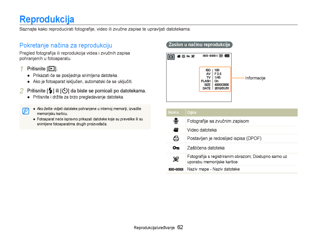 Samsung EC-PL150ZBPLE3 manual Reprodukcija, Pokretanje načina za reprodukciju, Pritisnite P, Zaslon u načinu reprodukcije 