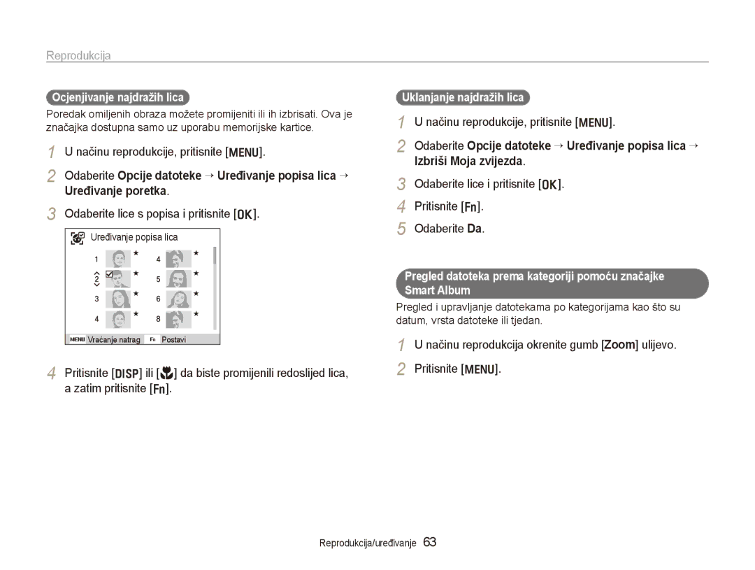 Samsung EC-PL150ZBPRE3, EC-PL150ZBPPE3, EC-PL150ZBPUE3, EC-PL150ZBPLE3 manual Reprodukcija, Uređivanje poretka 