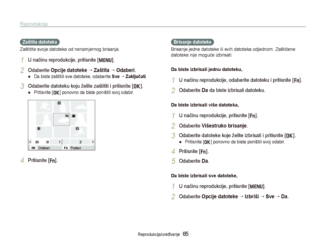 Samsung EC-PL150ZBPUE3, EC-PL150ZBPRE3 manual Odaberite Opcije datoteke ““Zaštita ““Odaberi, Odaberite Višestruko brisanje 