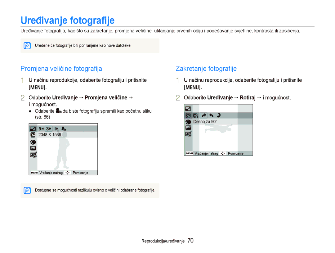 Samsung EC-PL150ZBPLE3, EC-PL150ZBPRE3 manual Uređivanje fotograﬁje, Promjena veličine fotograﬁja, Zakretanje fotograﬁje 