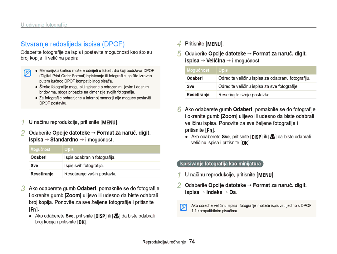 Samsung EC-PL150ZBPLE3, EC-PL150ZBPRE3 Stvaranje redoslijeda ispisa Dpof, Pritisnite m, Ispisa “ Veličina “ i mogućnost 