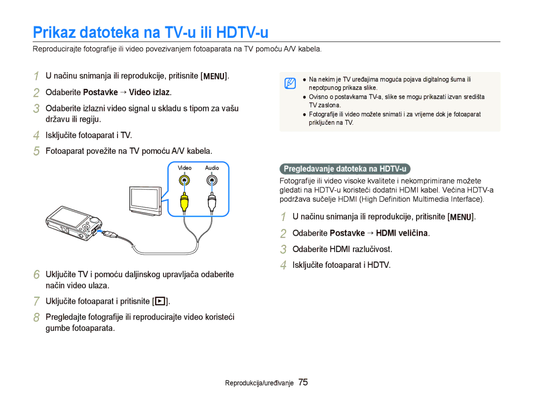 Samsung EC-PL150ZBPRE3 manual Prikaz datoteka na TV-u ili HDTV-u, Način video ulaza, Uključite fotoaparat i pritisnite P 