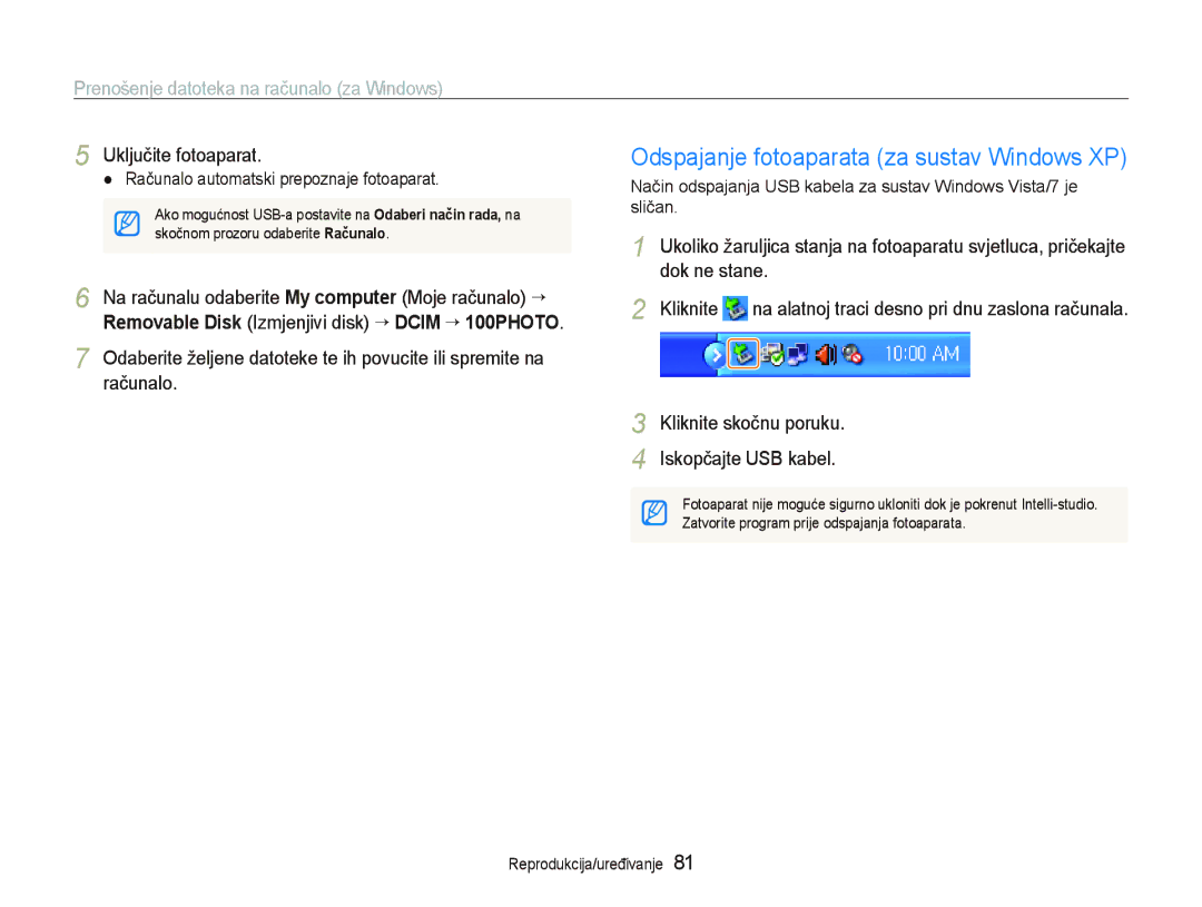 Samsung EC-PL150ZBPUE3 manual Odspajanje fotoaparata za sustav Windows XP, Removable Disk Izmjenjivi disk ““DCIM ““100PHOTO 