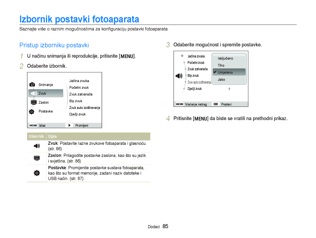 Samsung EC-PL150ZBPUE3, EC-PL150ZBPRE3, EC-PL150ZBPPE3 manual Izbornik postavki fotoaparata, Pristup izborniku postavki 