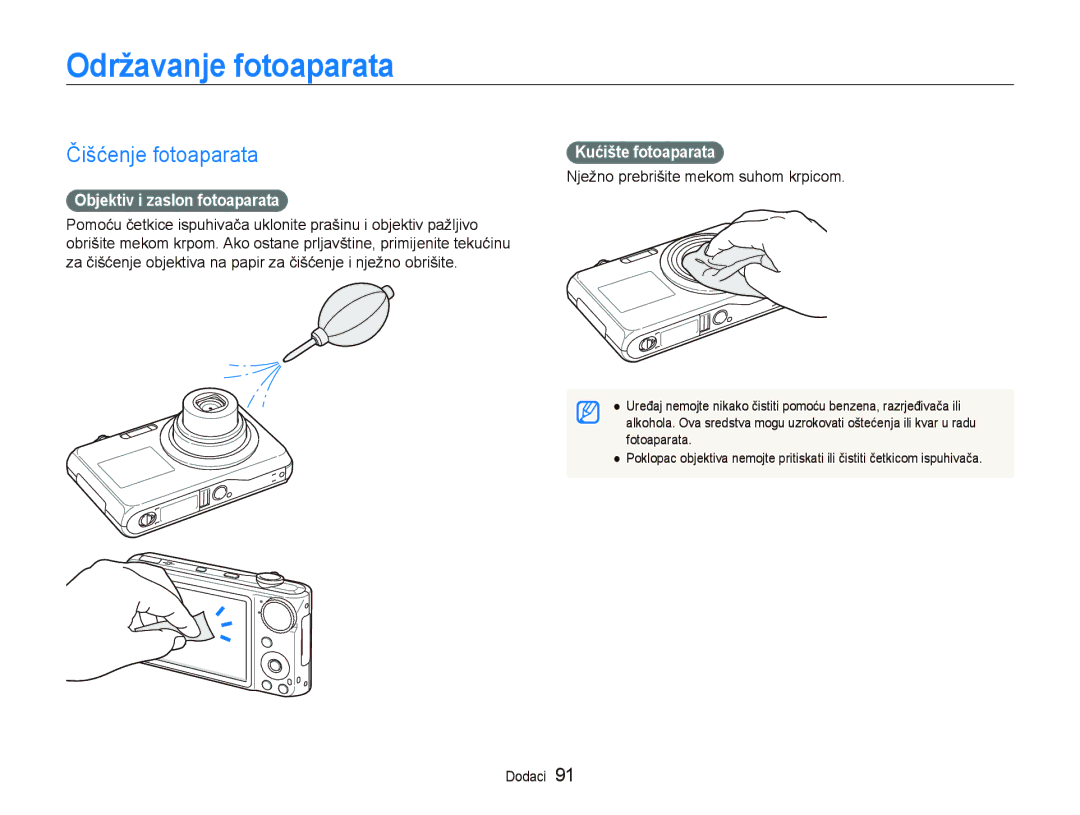 Samsung EC-PL150ZBPRE3 Održavanje fotoaparata, Čišćenje fotoaparata, Objektiv i zaslon fotoaparata, Kućište fotoaparata 