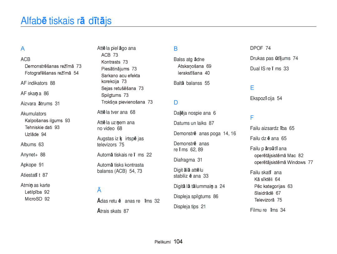 Samsung EC-PL150ZBPSRU, EC-PL150ZBPRRU, EC-PL150ZBPURU, EC-PL150ZBPLRU manual Alfabētiskais rādītājs 