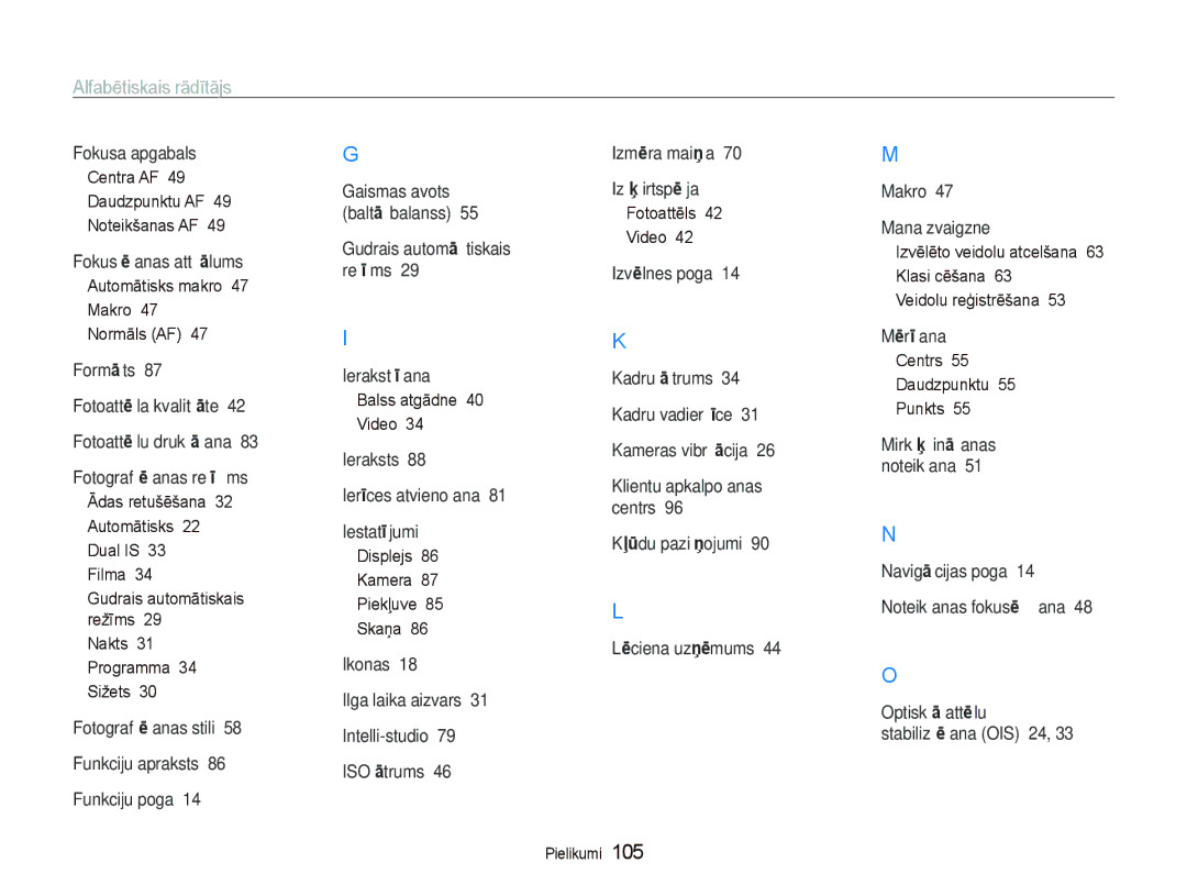 Samsung EC-PL150ZBPURU, EC-PL150ZBPRRU, EC-PL150ZBPSRU, EC-PL150ZBPLRU manual Alfabētiskais rādītājs 