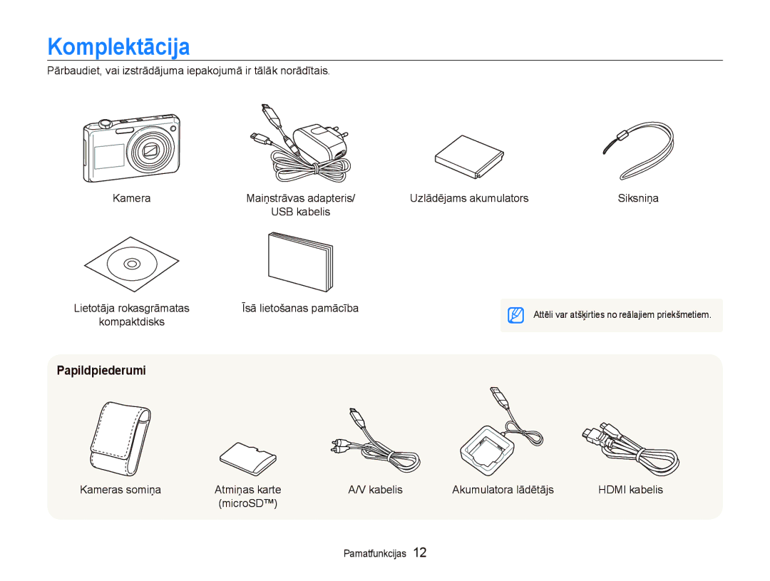 Samsung EC-PL150ZBPSRU, EC-PL150ZBPRRU manual Komplektācija, Papildpiederumi, Uzlādējams akumulators, Kameras somiņa 