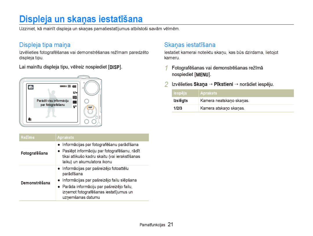 Samsung EC-PL150ZBPURU, EC-PL150ZBPRRU manual Displeja un skaņas iestatīšana, Displeja tipa maiņa, Skaņas iestatīšana 