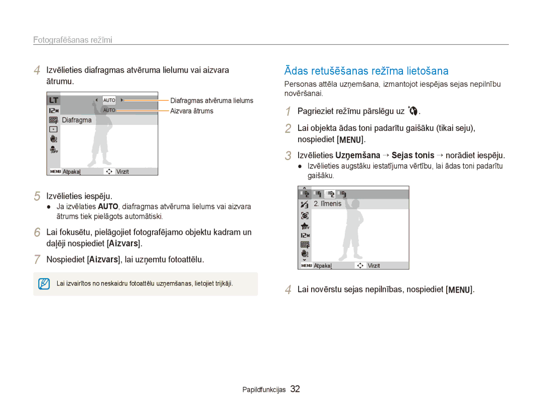 Samsung EC-PL150ZBPSRU, EC-PL150ZBPRRU, EC-PL150ZBPURU, EC-PL150ZBPLRU manual Ādas retušēšanas režīma lietošana 