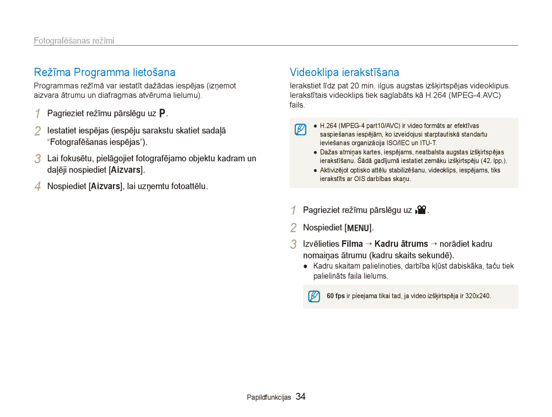 Samsung EC-PL150ZBPLRU, EC-PL150ZBPRRU, EC-PL150ZBPSRU, EC-PL150ZBPURU Režīma Programma lietošana, Videoklipa ierakstīšana 