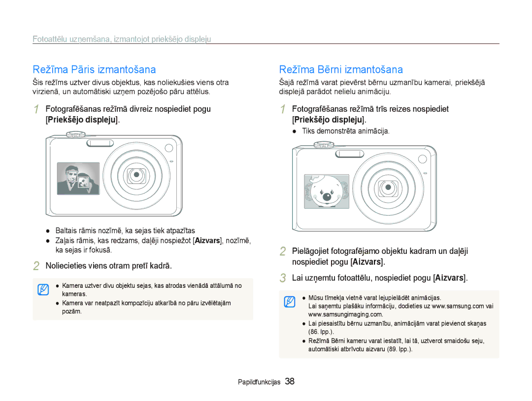 Samsung EC-PL150ZBPLRU manual Režīma Pāris izmantošana, Režīma Bērni izmantošana, Noliecieties viens otram pretī kadrā 