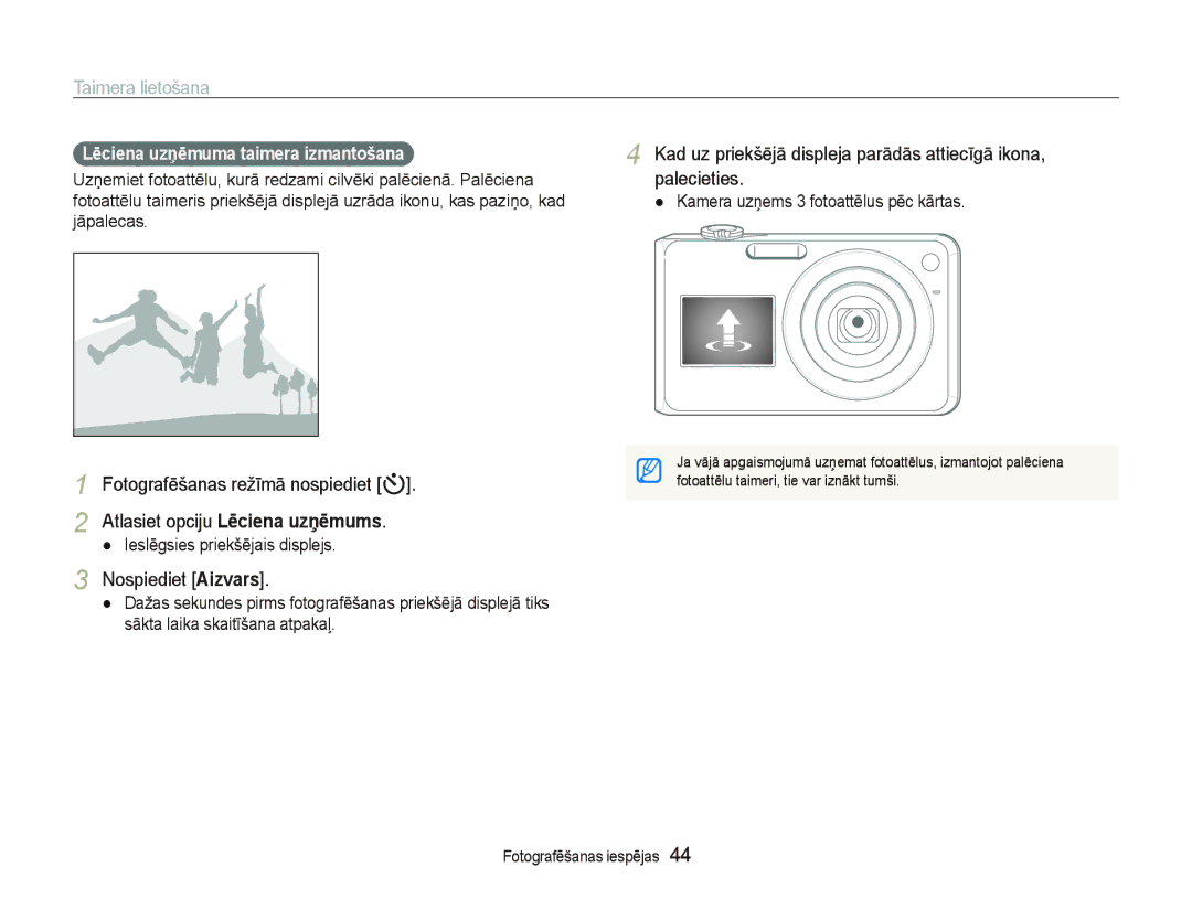 Samsung EC-PL150ZBPSRU, EC-PL150ZBPRRU manual Taimera lietošana, Nospiediet Aizvars, Lēciena uzņēmuma taimera izmantošana 