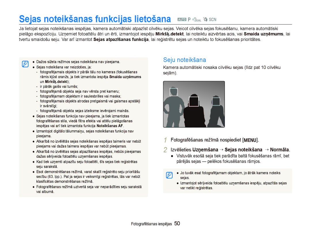 Samsung EC-PL150ZBPLRU, EC-PL150ZBPRRU, EC-PL150ZBPSRU Sejas noteikšanas funkcijas lietošana a p d b s, Seju noteikšana 