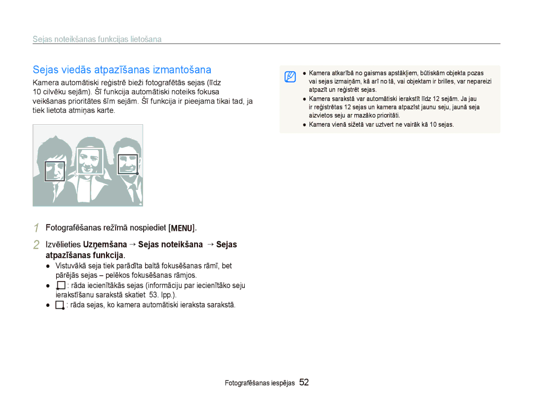 Samsung EC-PL150ZBPSRU manual Sejas viedās atpazīšanas izmantošana, Rāda sejas, ko kamera automātiski ieraksta sarakstā 