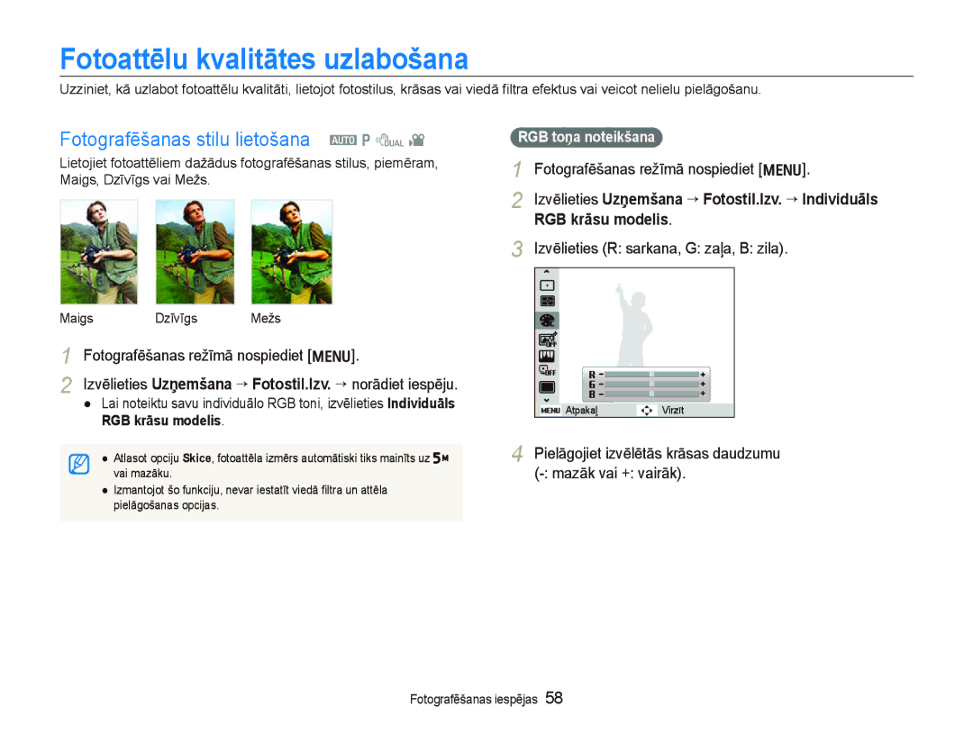 Samsung EC-PL150ZBPLRU manual Fotoattēlu kvalitātes uzlabošana, Fotografēšanas stilu lietošana a p d, RGB krāsu modelis 