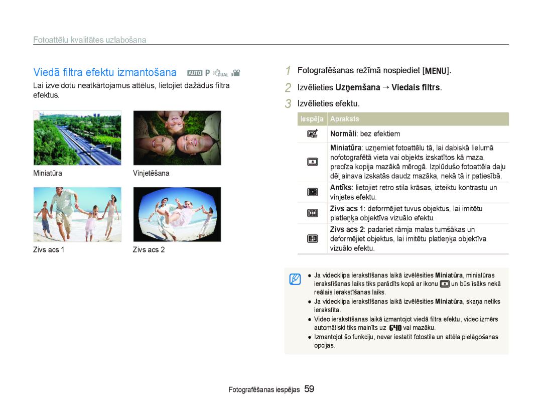 Samsung EC-PL150ZBPRRU manual Viedā ﬁltra efektu izmantošana a p d, Fotoattēlu kvalitātes uzlabošana, Izvēlieties efektu 