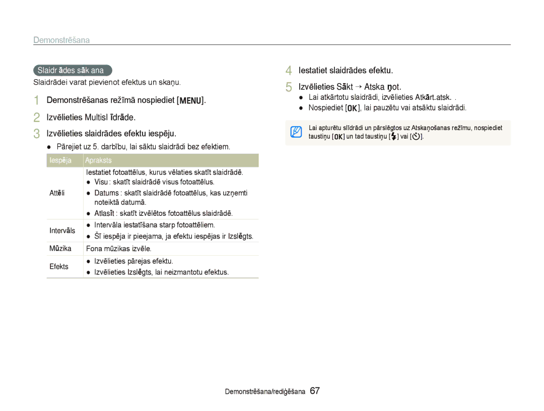 Samsung EC-PL150ZBPRRU, EC-PL150ZBPSRU manual Iestatiet slaidrādes efektu Izvēlieties Sākt ““Atskaņot, Slaidrādes sākšana 