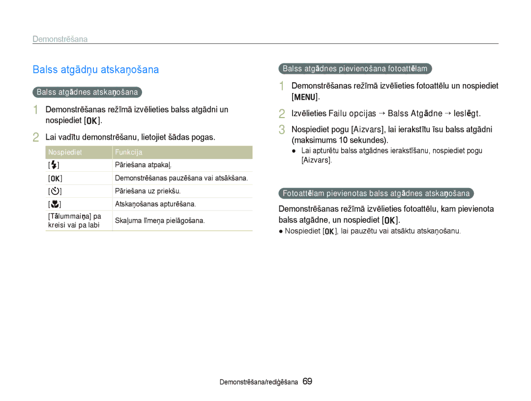 Samsung EC-PL150ZBPURU, EC-PL150ZBPRRU manual Balss atgādņu atskaņošana, Maksimums 10 sekundes, Balss atgādnes atskaņošana 