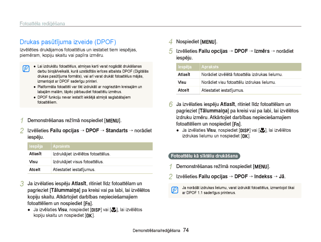 Samsung EC-PL150ZBPLRU manual Drukas pasūtījuma izveide Dpof, Demonstrēšanas režīmā nospiediet m, Iespēju, Nospiediet m 